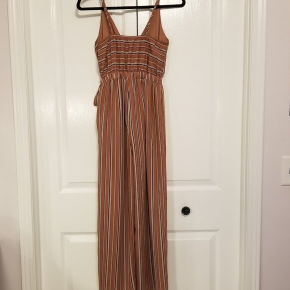 Sienna Sky Long Romper Pinstriped Nude Pink Wide Leg, Tie Waist, Flowy, Wrap Top - Picture 3 of 11